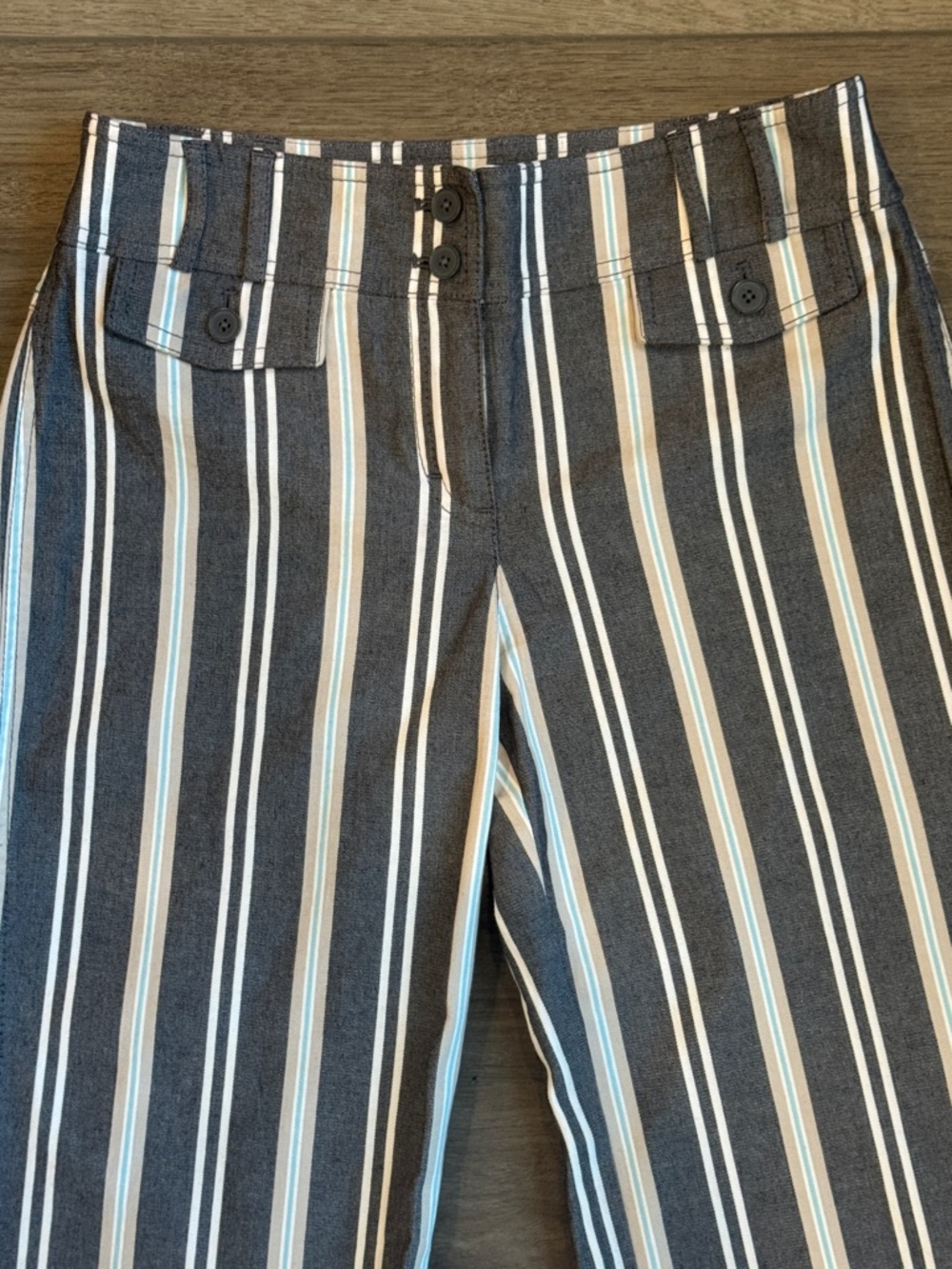 LOFT Black and White Vertical Stripe Flare Pants - Picture 2 of 9